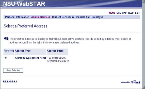 WebSTAR for Alumni Select Preferred Address screen